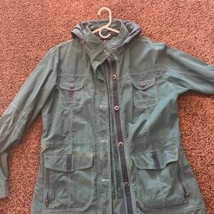 KÜHL Hooded Utility Jacket Women's Large Teal Outdoor Hiking Travel Coat